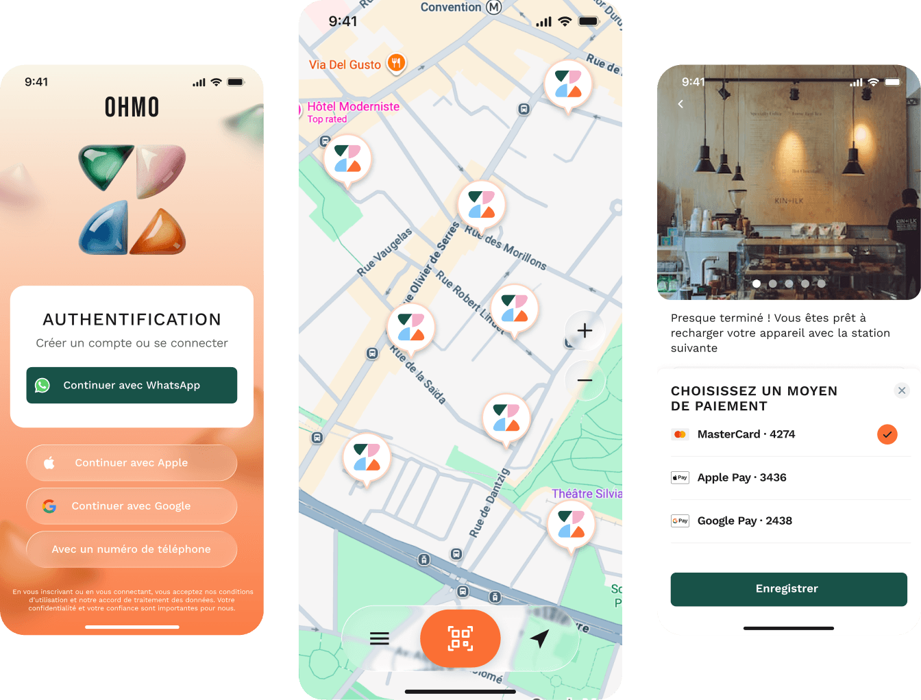OHMO app screens showing authentication, map and payment flow